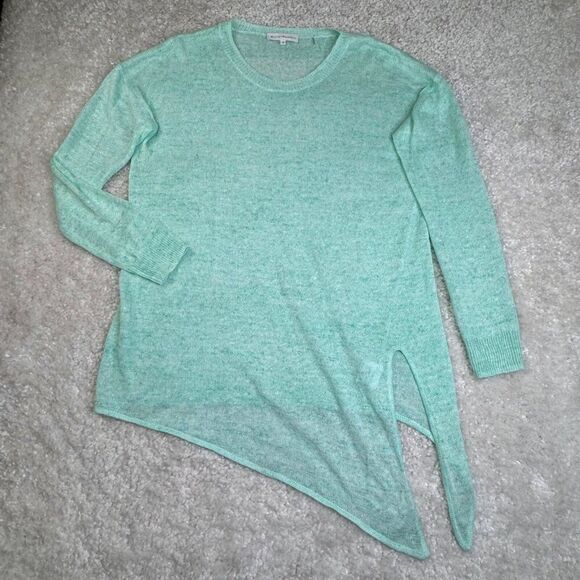 White + Warren Linen Asymmetrical Tunic Slit Sweater Green - Picture 1 of 6